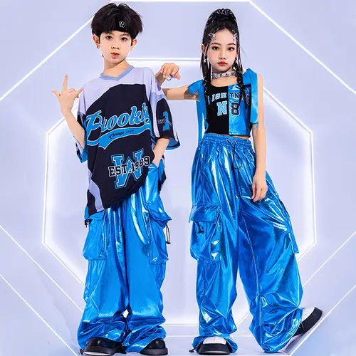 Imagen 2 del producto Traje de baile callejero azul brillante para niños, ropa de moda de Jazz para niños y niñas, Tops de gran tamaño de Hip Hop, pantalones, traje de espectáculo de pasarela