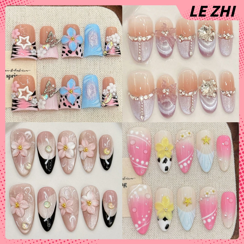 

10Pcs High Quality 3D Flower Series Handmade Press On Nail Cat Eyes Diamond French Almond Ellipse Detachable Nail Party Stickers