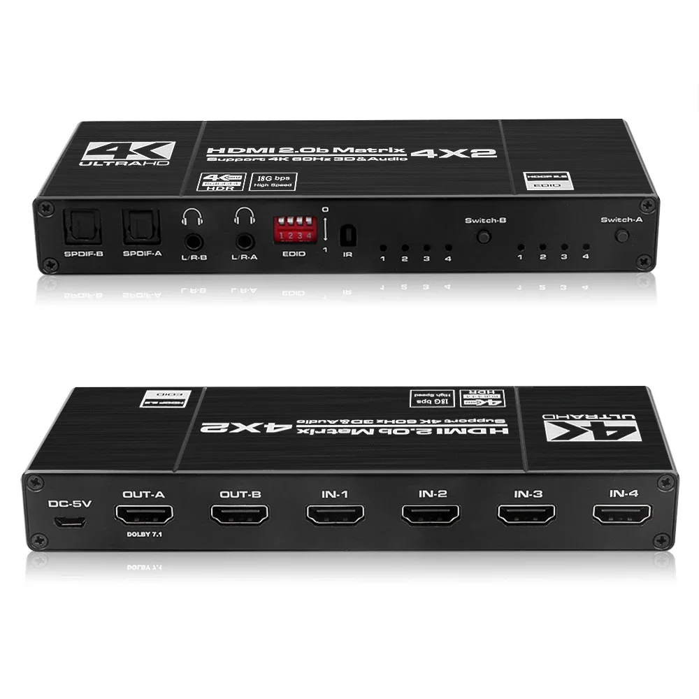 60Hz Matrix Switch Splitter 4x2 HDMI-compatible with SPDIF and L/R 3.5mm HDR Switch 4x2 Support HDCP 2.2 3D