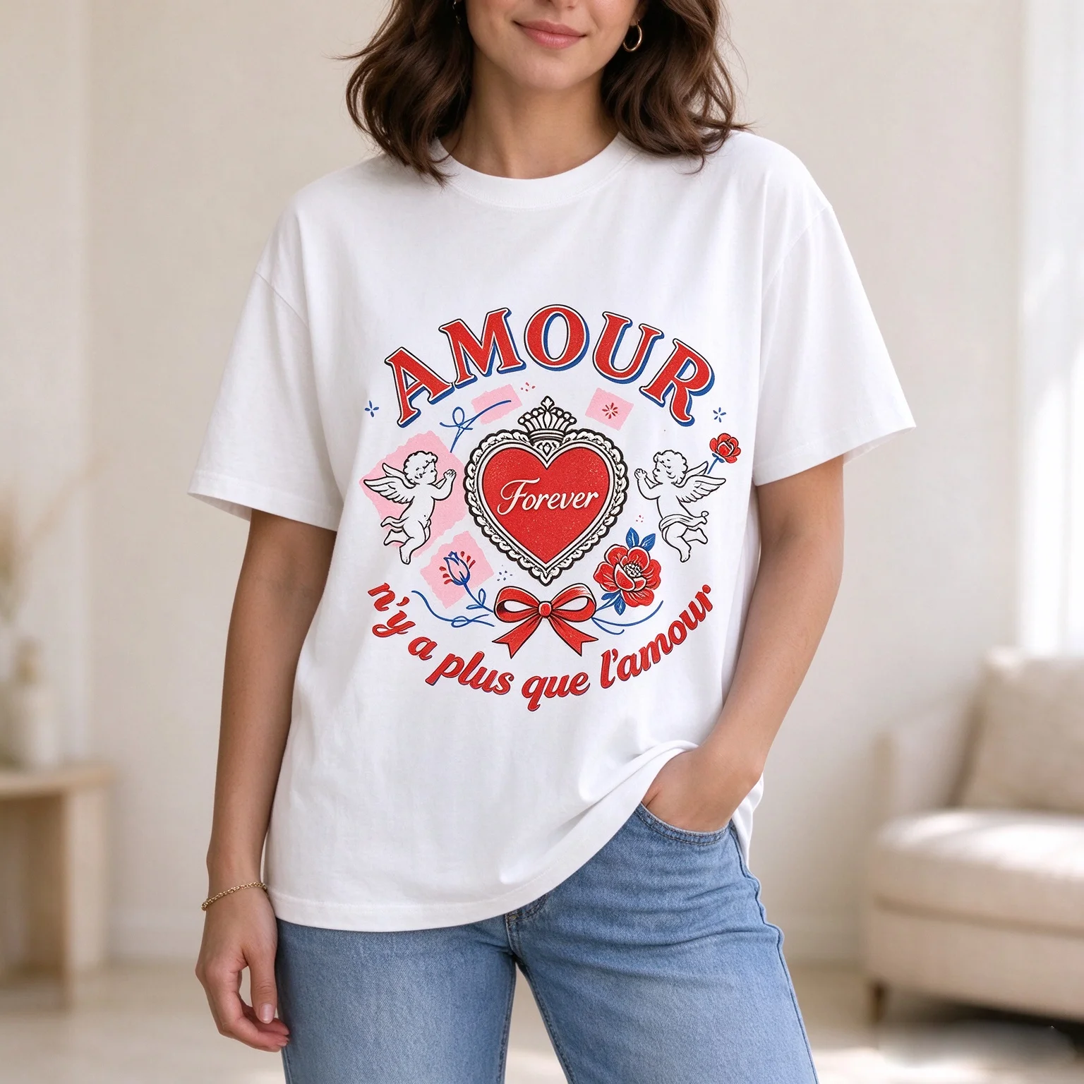 Women Oversized T‑Shirt Valentine Amour French Slogan Cupid Angel Heart Rose Bow Print Loose White Short Sleeve Tops