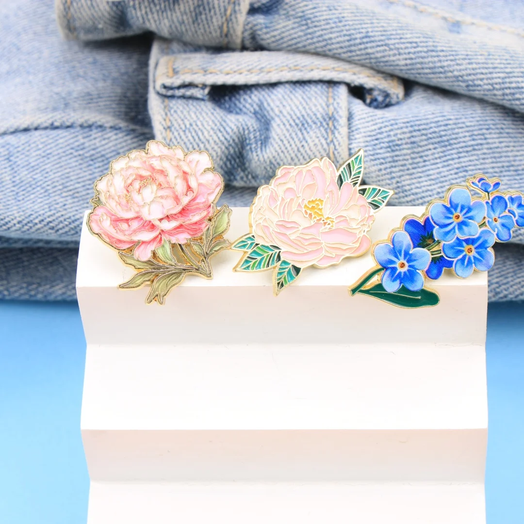 Cartoon Flower Enamel Lapel Pins, Elegant Peony & Forget-Me-Not Brooch Badges for Backpack Clothing DIY Decor Accessories - view 3