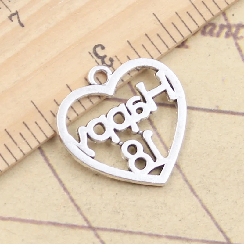 10pcs Charms Heart Happy 18 Ceremony 22x22mm Antique Silver Color Pendants Making DIY Handmade Tibetan Finding Jewelry