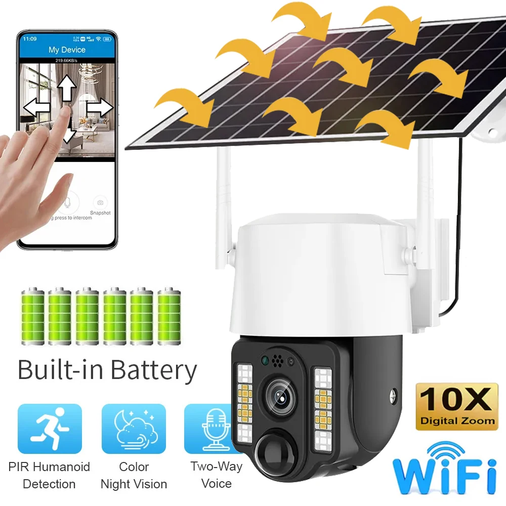 

V380 Pro Cámara con batería Solar WiFi de 5MP PTZ para exteriores PIR detección Color cámaras vigilancia seguridad inalámbricas