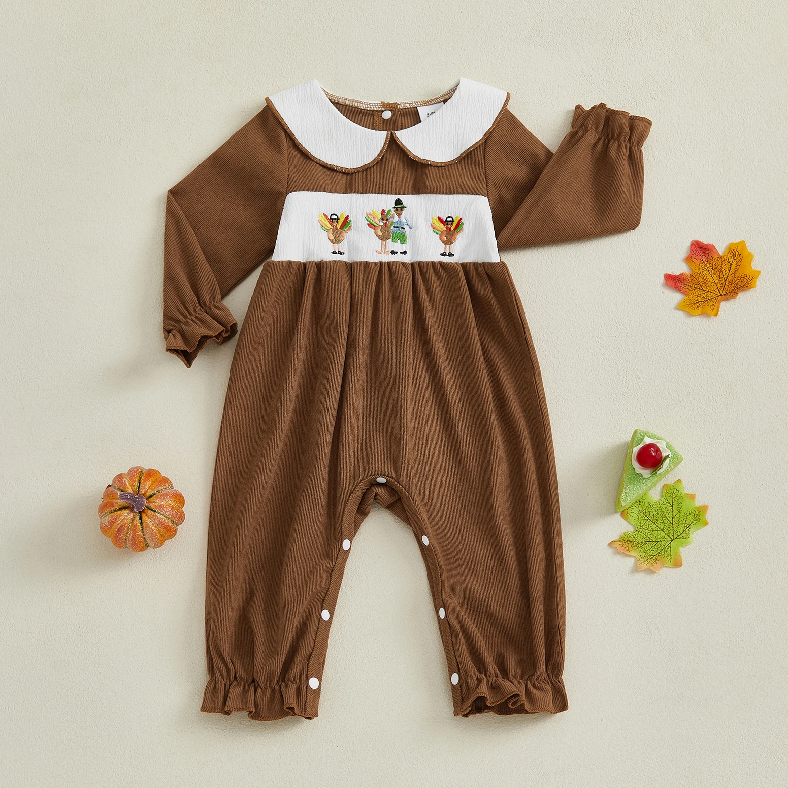 

Baby Girl Thanksgiving Romper Turkey Embroidered Doll Collar Long Sleeve Jumpsuit Cute Winter Fall Clothes