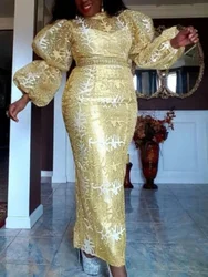 Gold Embroidery Sequin Dresses for Women Stand Collar Cute Puff Long Sleeve Luxury Midi Dress Modest Chic 2025 Party Event Gowns