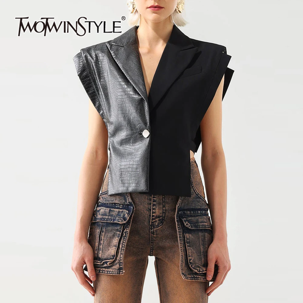 

TWOTWINSTYLE Solid Spliced Leather Temperament Top For Women Notched Collar Sleeveless Hollow Out Slim Vest Female Fashion New