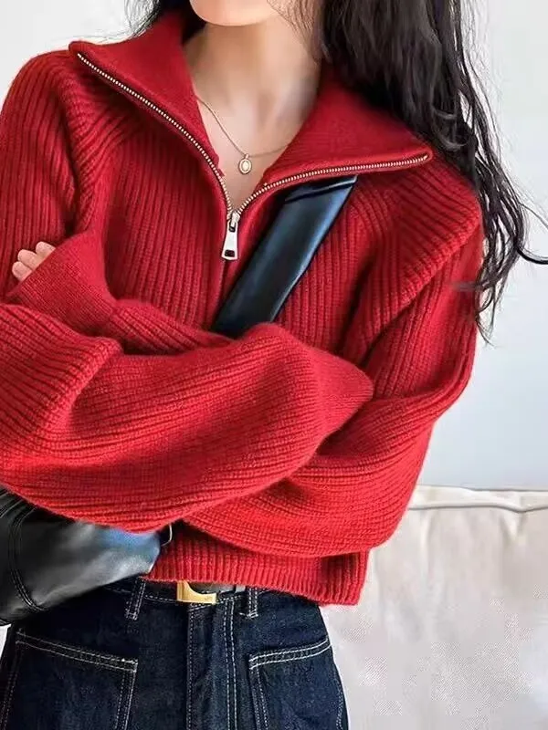 Red Knitted Sweater Women's Short Thickened Half High Collar Zipper Pure Color Loose Fit Autumn New Style High Waist Sweater