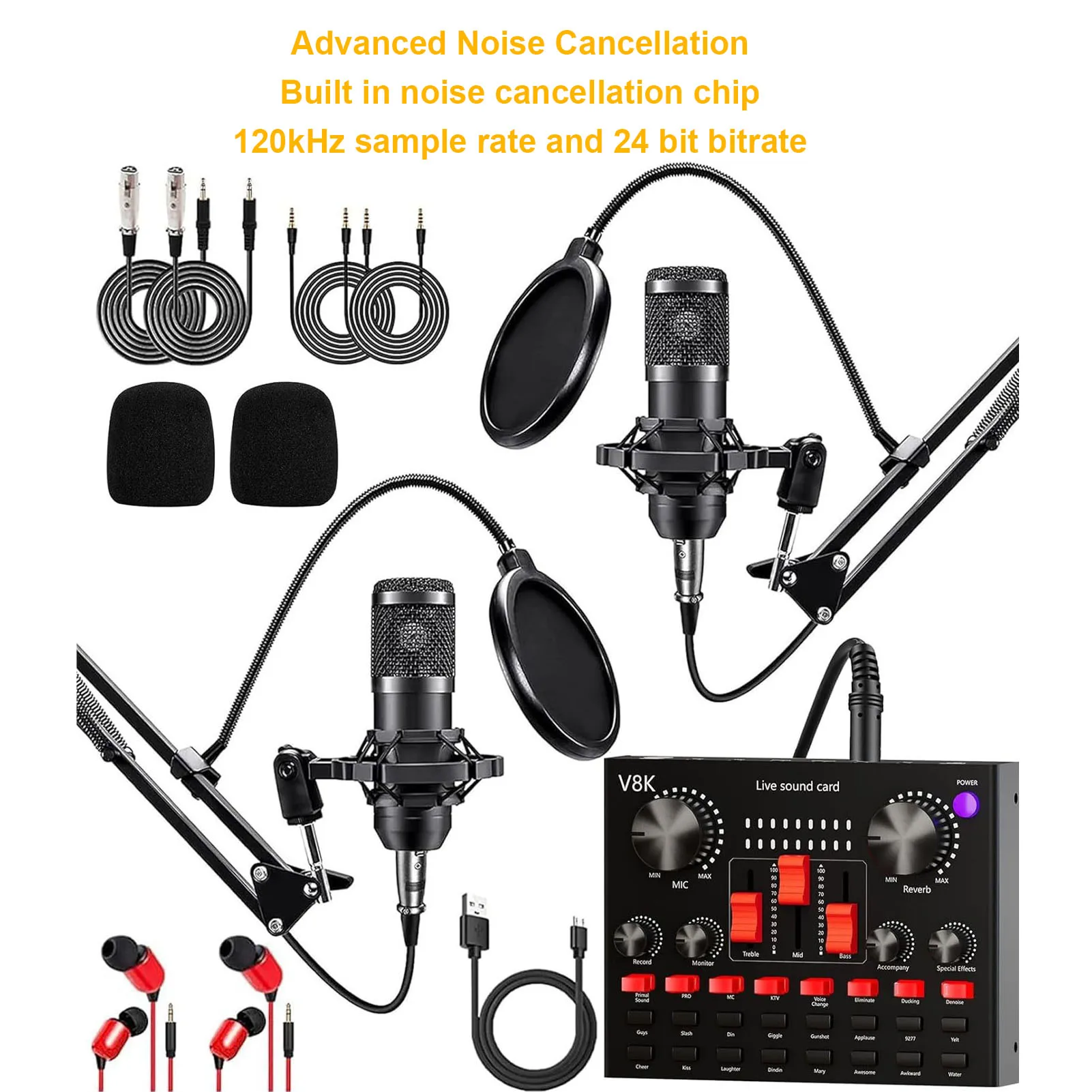 Microfoon Bundel met Geluidskaart 120 kHz 24 Bit BP1048B2 Chip Condensator Microfoon Kit met Roterende Stand Oortelefoon voor Studio