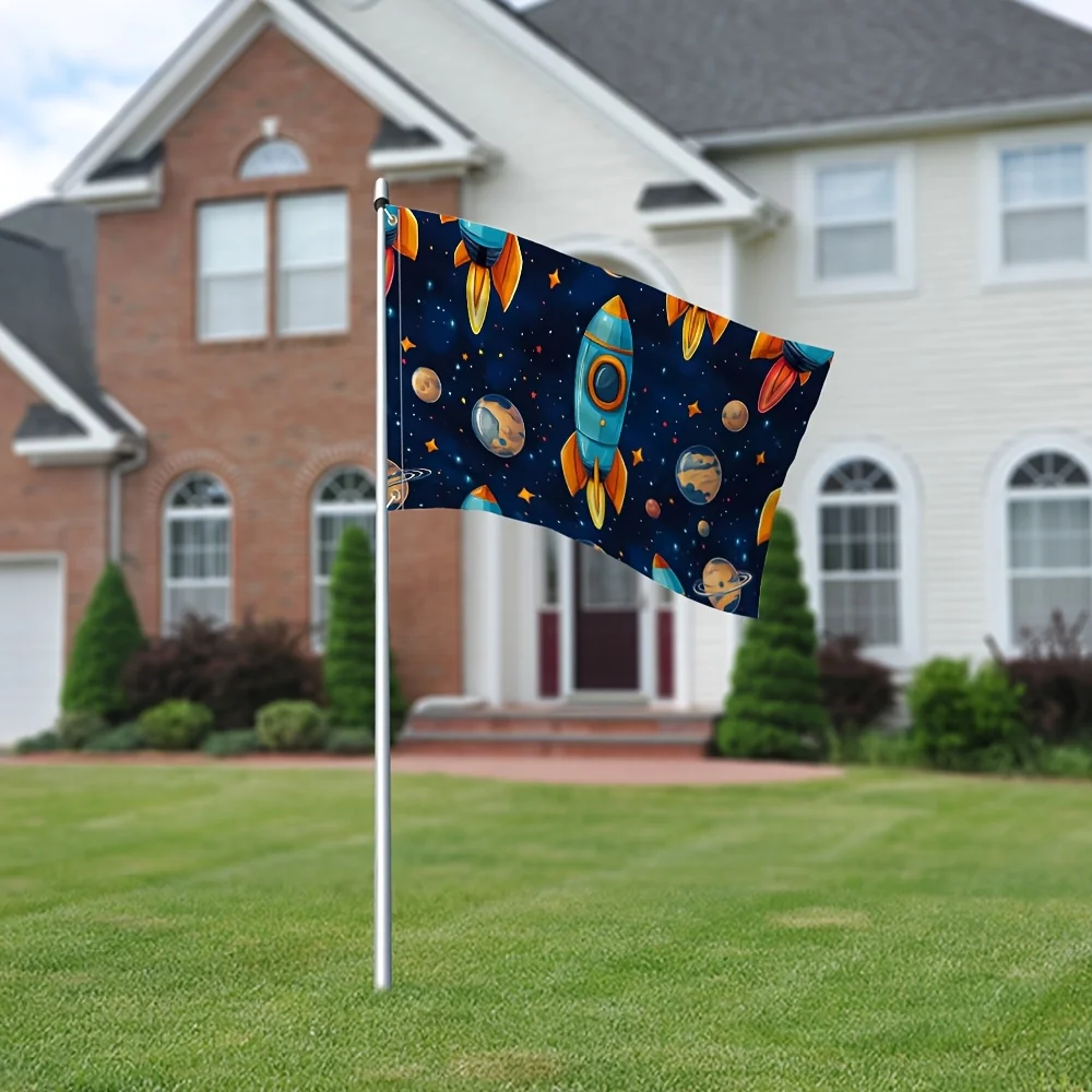 Space Rocket and Planets Flag Durable Polyester Outdoor Yard Decoration Vibrant Star Pattern