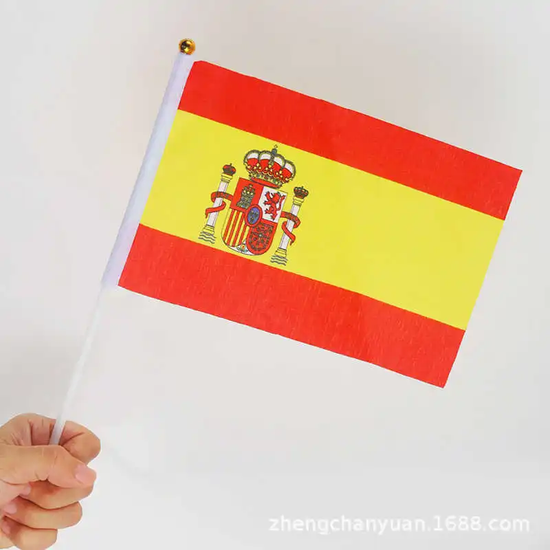 

10 Pack Spanish Flag Spain Banner 14x21cm Polyester Printed Hand Held Hispanic Flags Mini Stick Flagpole Spaniard Decoration