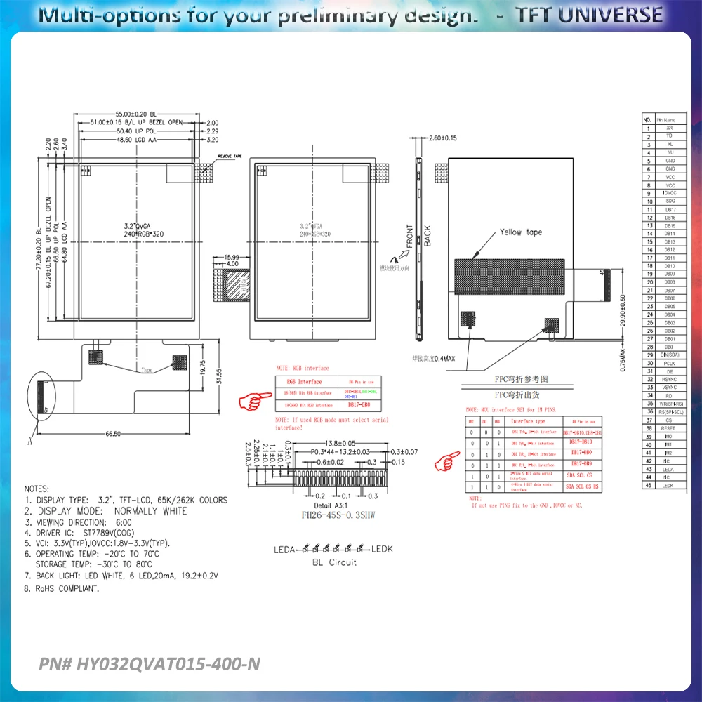 3.2 polegadas IPS LCD 240x320 Resolução MCU/SPI/RGB Interface display personalizado com brilho 350cd/m2 Ideal para displays automotivos