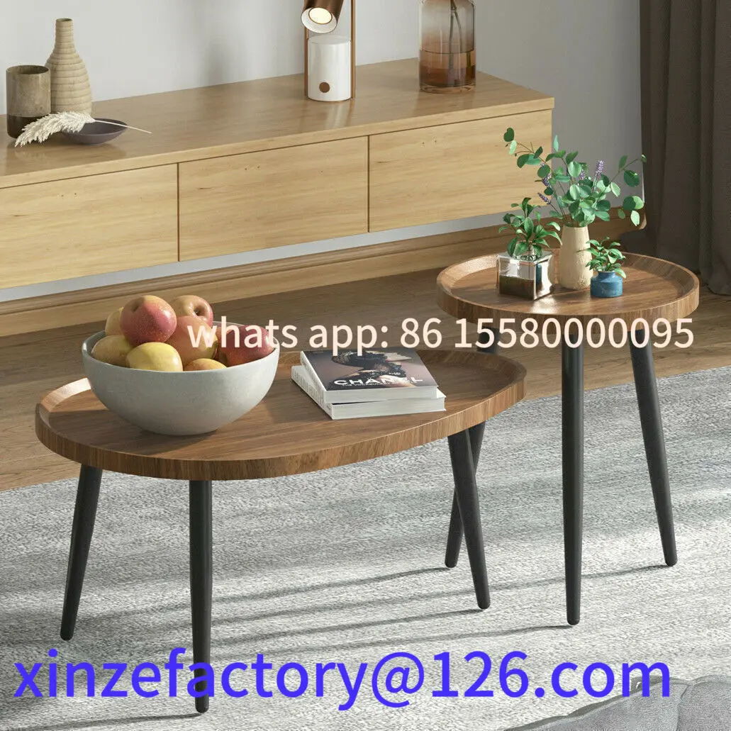 Customizable Round Coffee Table Set of 2 Rustic for Living Room Modern Nesting Tables for Balcony Office