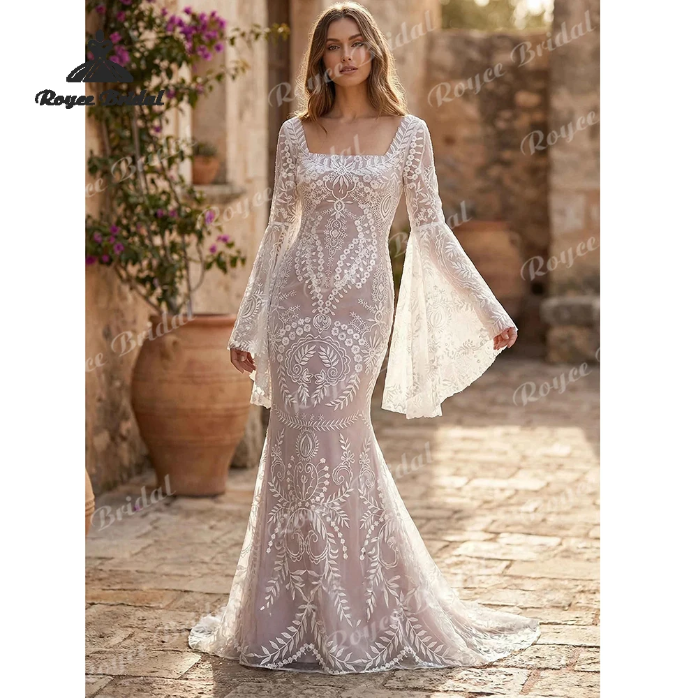 Personality Boho Bell Sleeves Mermaid Wedding Dresses 2026 Lace Square Neck Beach Bridal Gown Customized vestido de novia