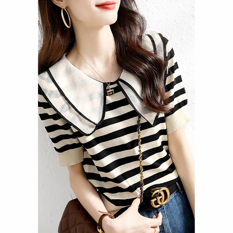 Ice Silk Knitted Short Sleeve T-Shirt with Doll Collar Striped Loose Fashionable Casual Versatile Korean Style Commute Wear