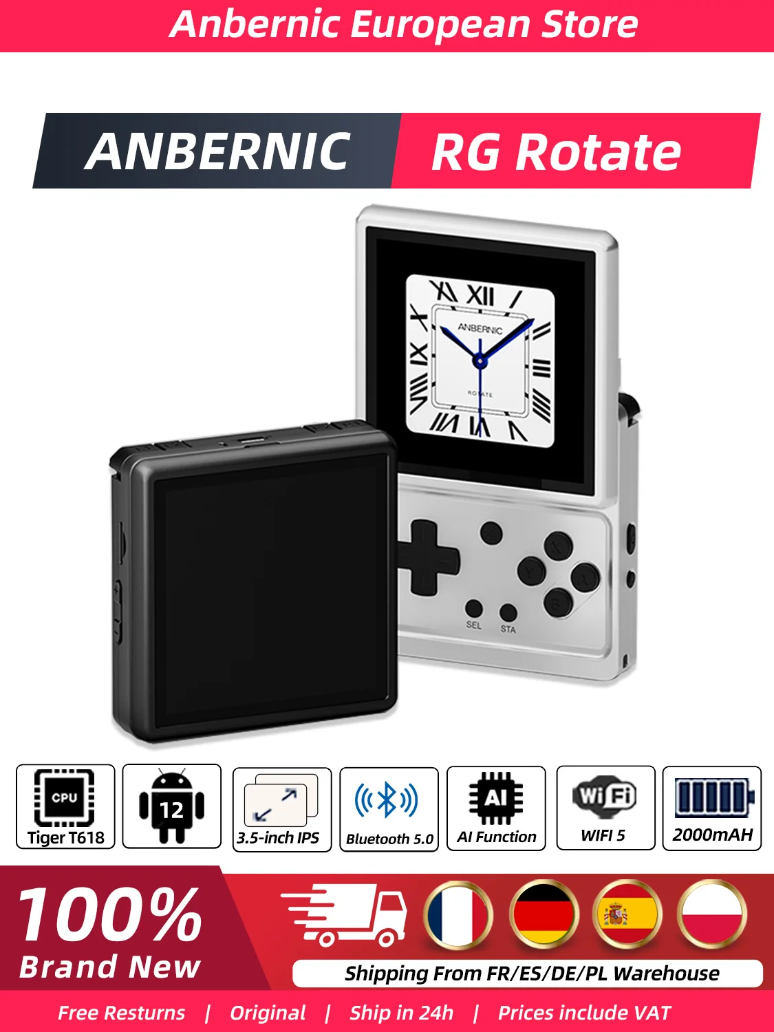 Anbernic RG Rotate Retro Konsola Przenośna 3GB+32GB EMCP z Obrotowym Ekranem 3,5 Cala 720*720 Androidowa Konsola do Gier Unisoc Tiger T618 Bateria 2000mAh — 2