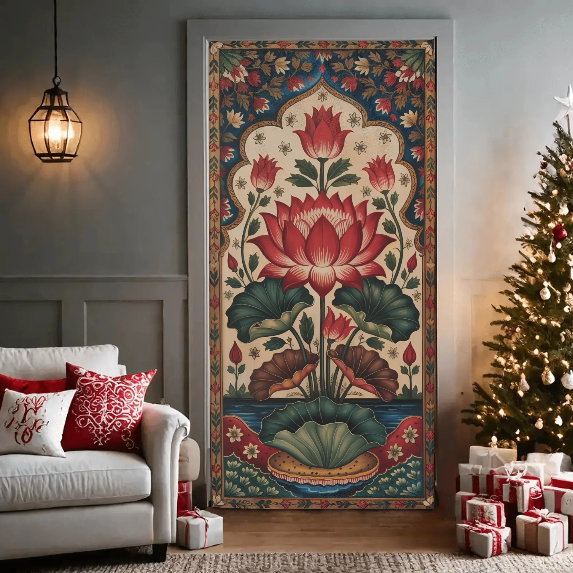 2D flat door curtain, 1 piece Indian style door curtain, retro floral pattern with 4-hole suspension system