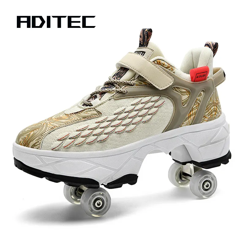 Pu Leather Four-Wheel Roller Skate Shoes Casual Deformation Parkour Sneakers For Rounds Adult Kids Of Running Sport Shoes