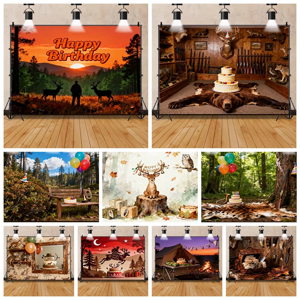 

Hunter Forest Happy Birthday Party Backdrop with Sunset Sky Decor Background Cabin Theme Photo Booth Custom Photography Props