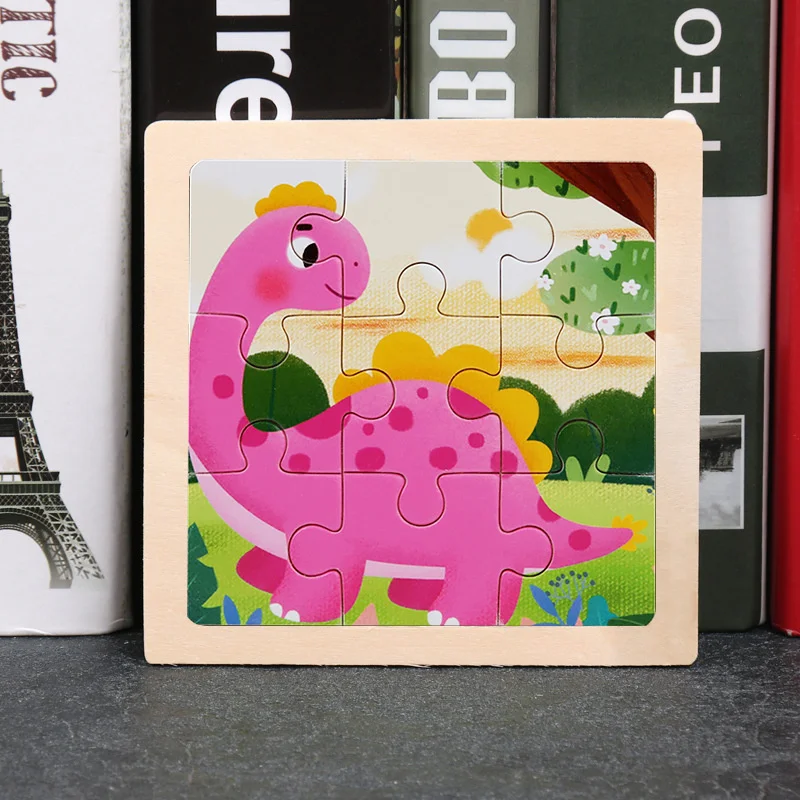 Puzzles Learning Toys 9 Pieces Montessori Wooden Kid Toy 3D Children Education Materials Cartoon Dinosaur Transportation