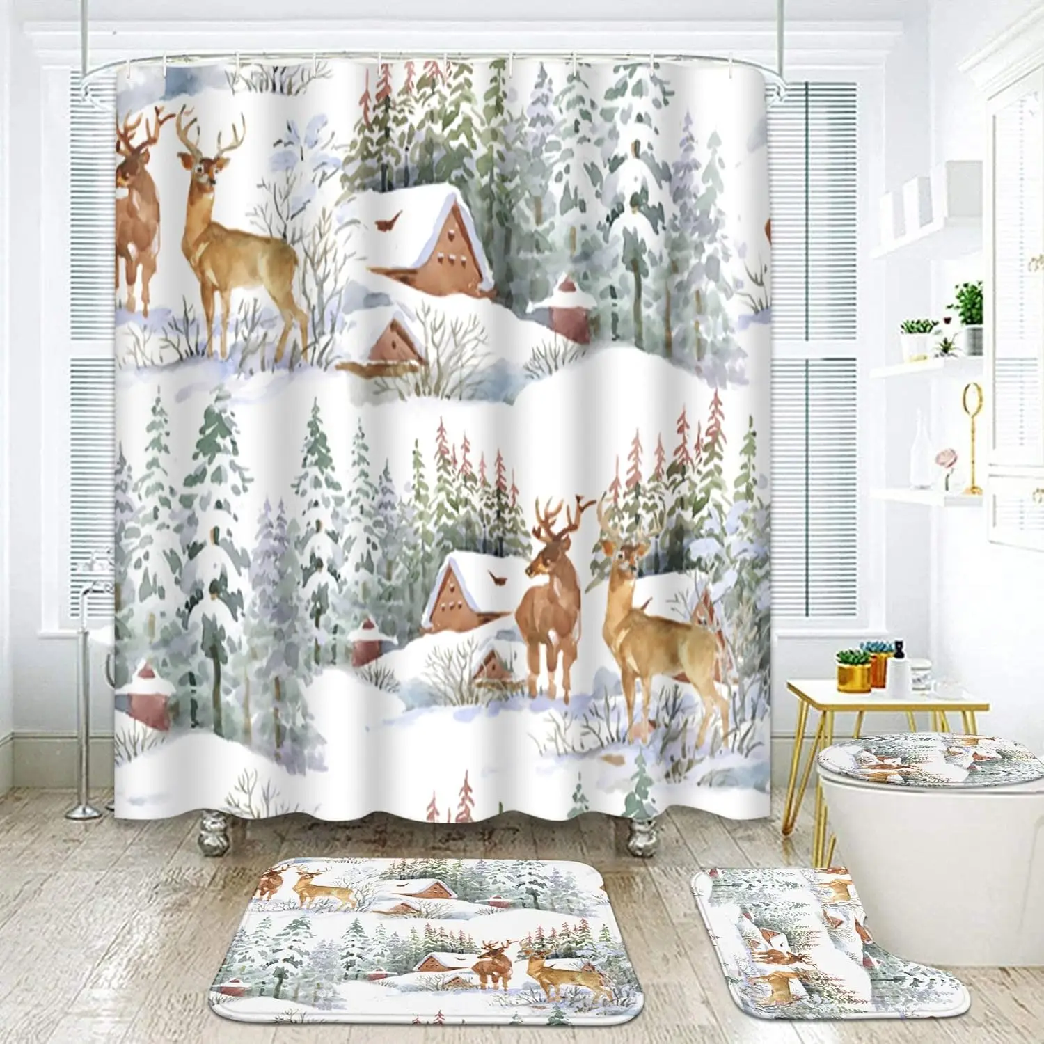 

4 Pcs Shower Curtain Set Watercolor Winter Landscape Deers Christmas with Non-Slip Rugs Toilet Lid Cover and Bath Mat Bathroom