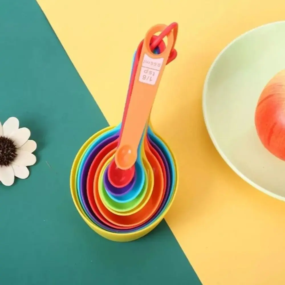 12Pcs Plastic Measuring Cups Set Stackable Colorful Measuring Spoons Printed Metric Letters Multipurpose Kitchen Measuring Tools