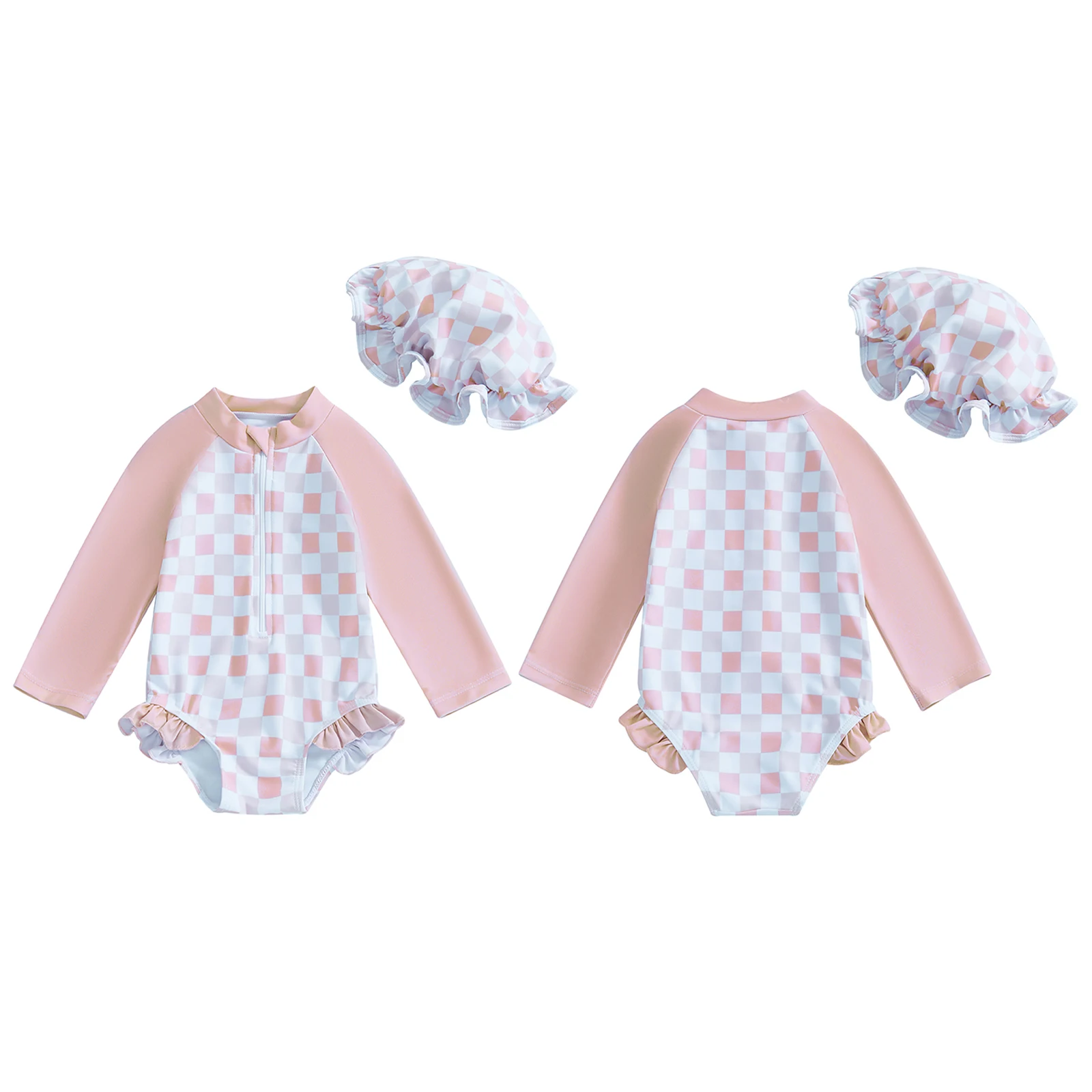 2025 New Toddler Baby Girl Rash Guard Swimsuit Long Sleeve Checkered Print Bathing Suit Infant Swimwear with Sun Hat