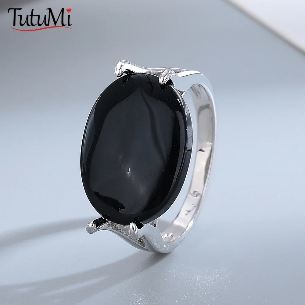 

925 Sterling Silver Jewelry Ring Oval Natural 13*18mm Black Agate Vintage Ring For Man Women Party Gifts