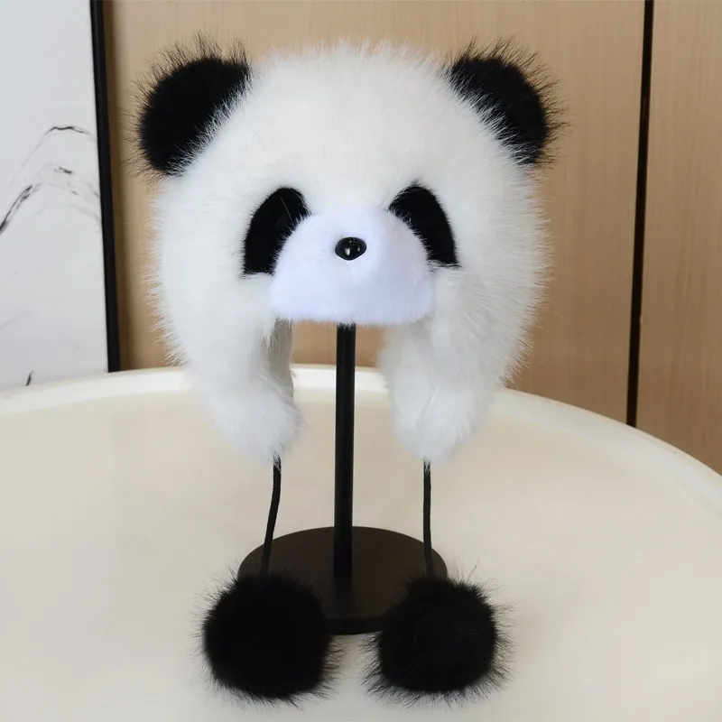 Boy Girl Adorable Fashionable Plush Panda Faux Fur Hat Women's Winter Ear Protection Thick Warm Children's Panda Hat Child Style