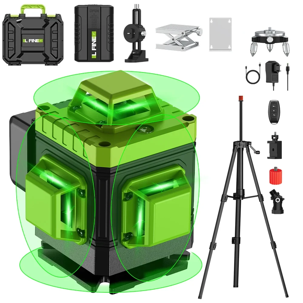 Lfine Nivel Laser 4D 16 Lines 360°Self-leveling Laser Levels withTripod and Suitcase Green Lines Professional Laser Level Tool