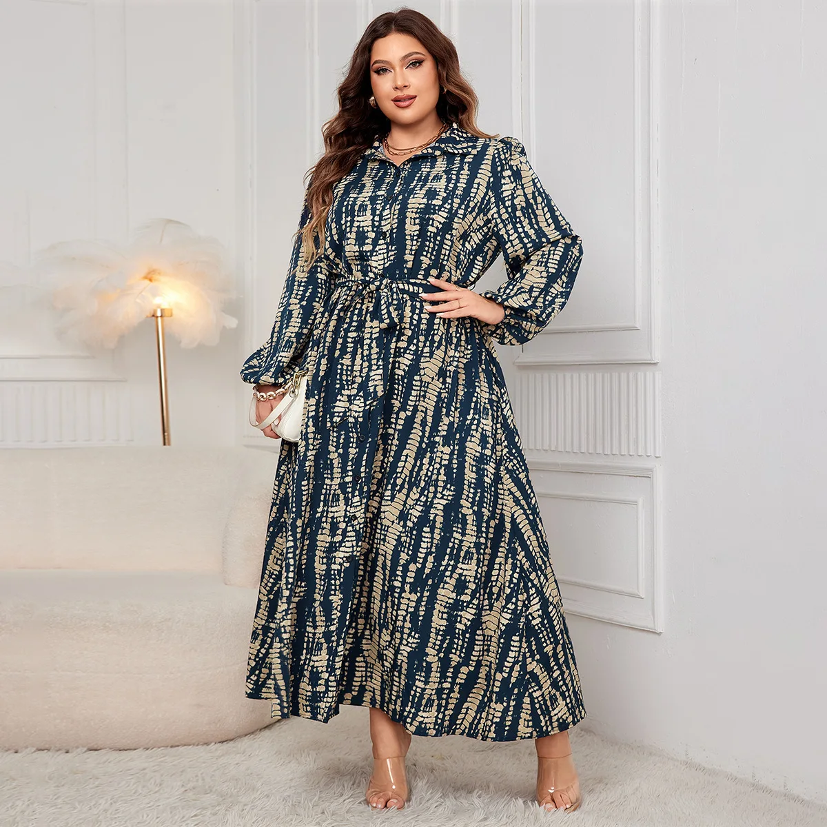 

Large print waist cinching dress, polo collar long sleeved dress