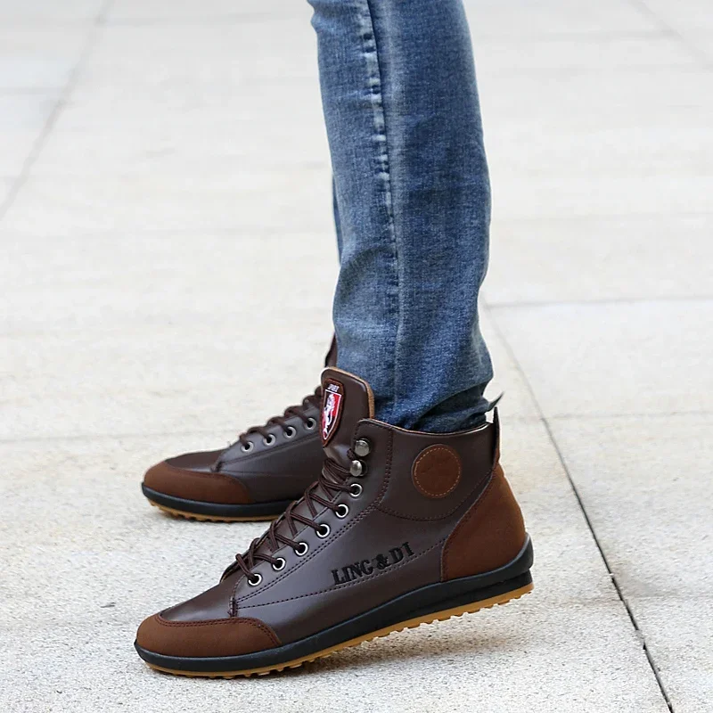 Men's Leather Boots PU Walking Shoes Lace-up Fashion Spring Autumn High Top Flat Cowboy Shoes