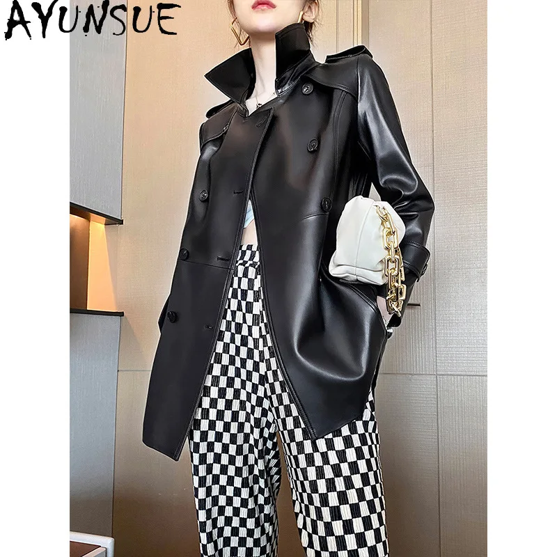 YUNAUE Giacca in vera pelle Abbigliamento donna Primavera Autunno Cappotti di pelle di pecora Trench lungo Md per uomo Cintura Jaqueta De Couro