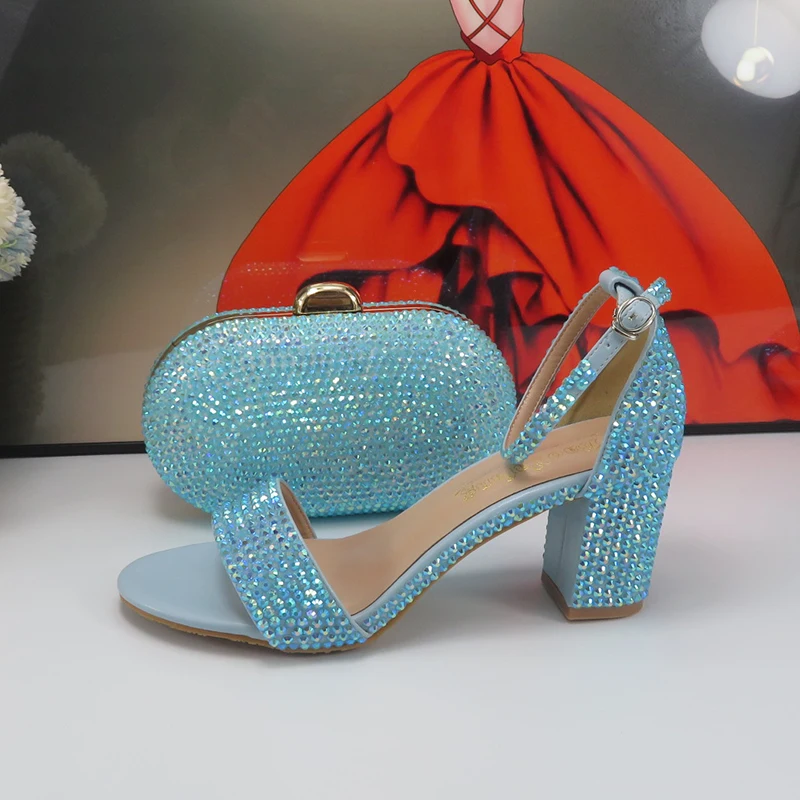 Estate blu AB cristallo scarpe da festa nuziale e borsa Set donna tacco spesso scarpe da sera da sposa sandali Open Toe cinturino alla caviglia