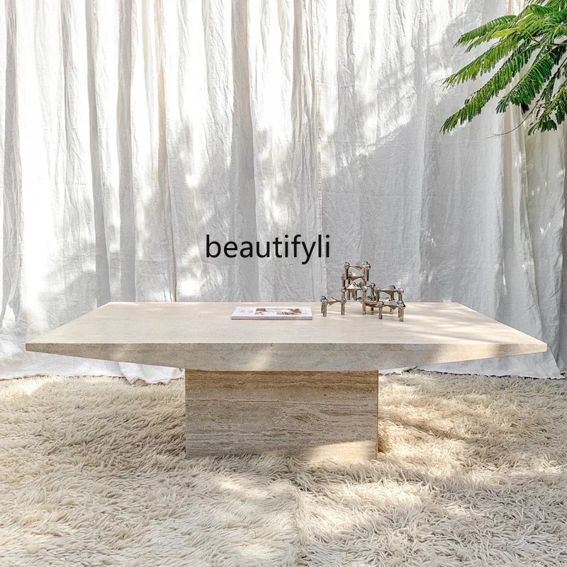 

yj9 Wabi-Sabi Style Natural Yellow Travertine Rectangular Coffee Table for Living Room Sofa Clothing Store Light Luxury Coffee T