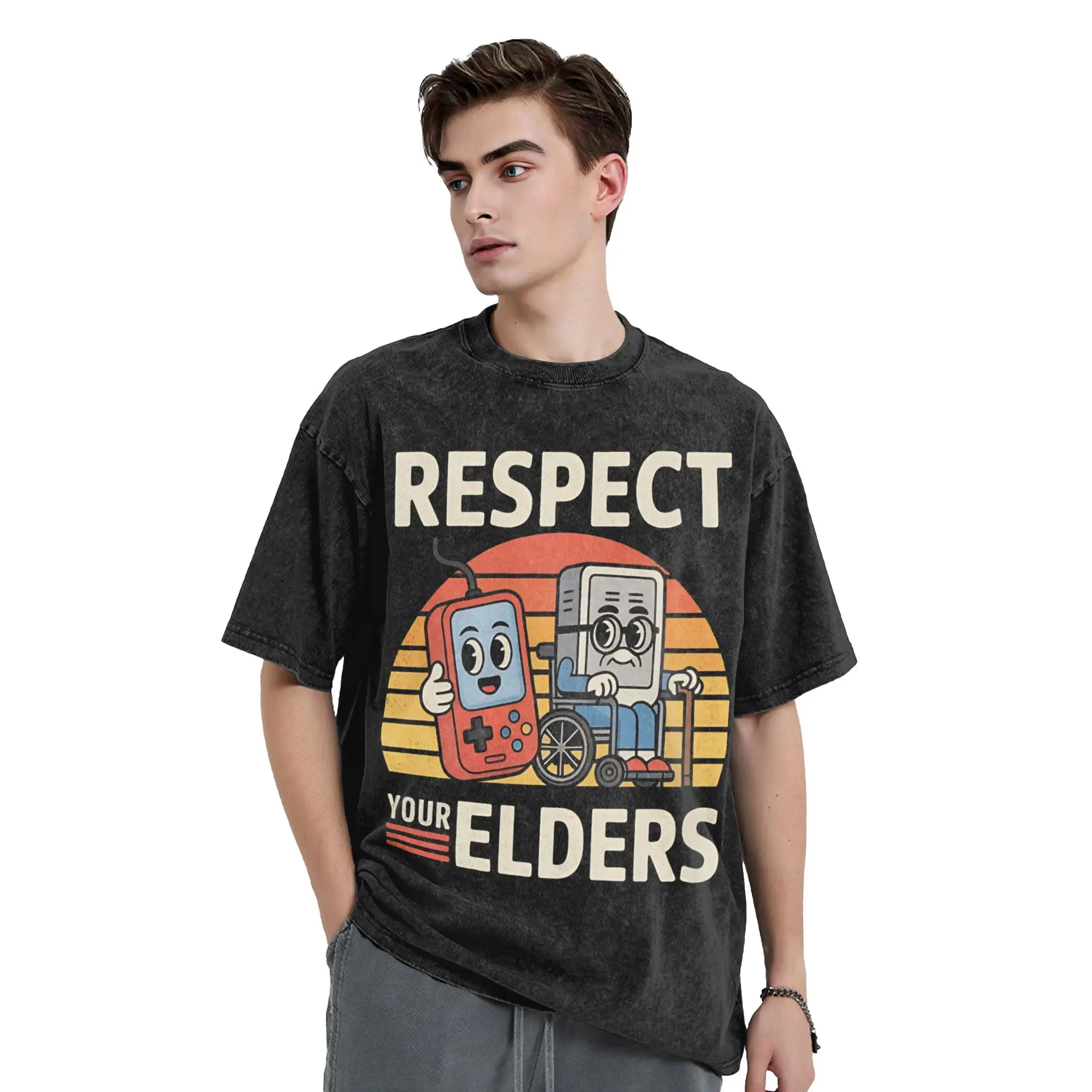 Harajuku Respect Your Elders Gaming Funny Controller 80s  Vintage Washed T-Shirt Unisex Round Neck Tops  Cotton Summer Tops