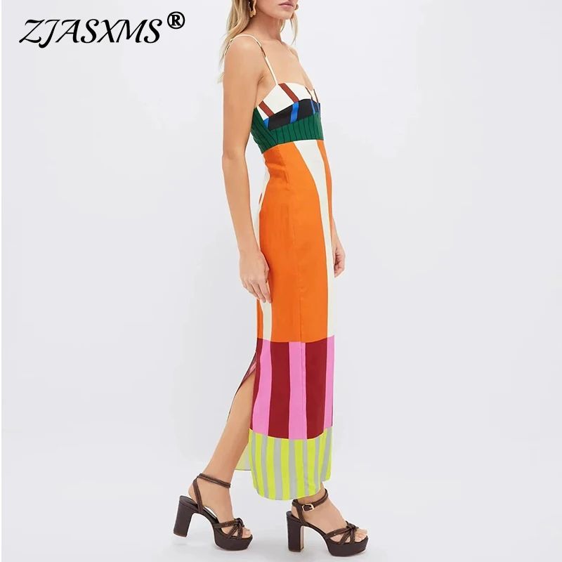 Femme printemps rayé imprimé Patchwork robe de vacances Sexy Slash cou taille haute mince longue robe d'été dos nu fermetures éclair Boho robe d'été
