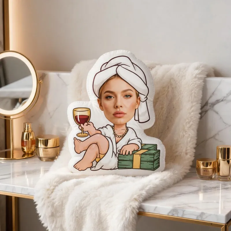 Custom Face Funny Shaped Pillow, Woman in Robe Holding Wine And Cash Custom Photo Decorative Cushion, Unique Home Decor Accent f