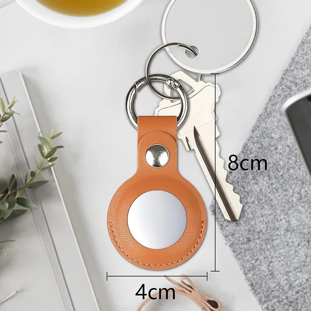 2Pcs Case Compatible for Apple Airtag, PU Leather Skin Cover with Keychain Holder Key Ring for Air Tag Accessories Brown