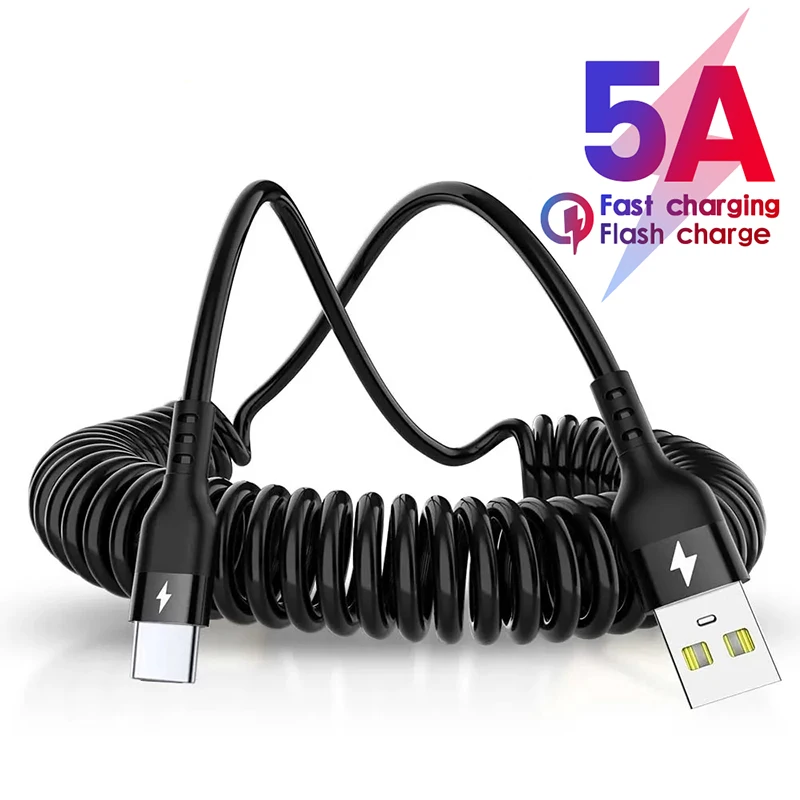 5A Spring Pull Telescopic Fast Charging USB Type C Cable For Samsung Huawei Xiaomi Android Phone Accessories Car USB Data Cable