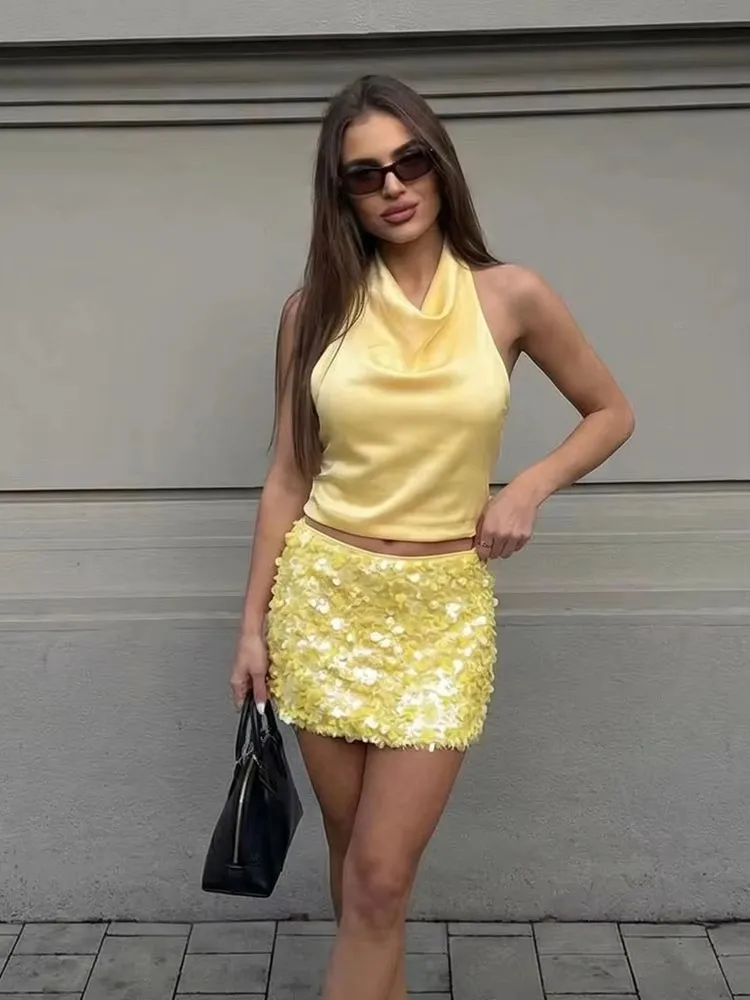 HH – ensemble Mini jupe à paillettes pour femmes, dos nu, épaules dénudées, col licou, élégant, Sexy, tenues de Club de fête