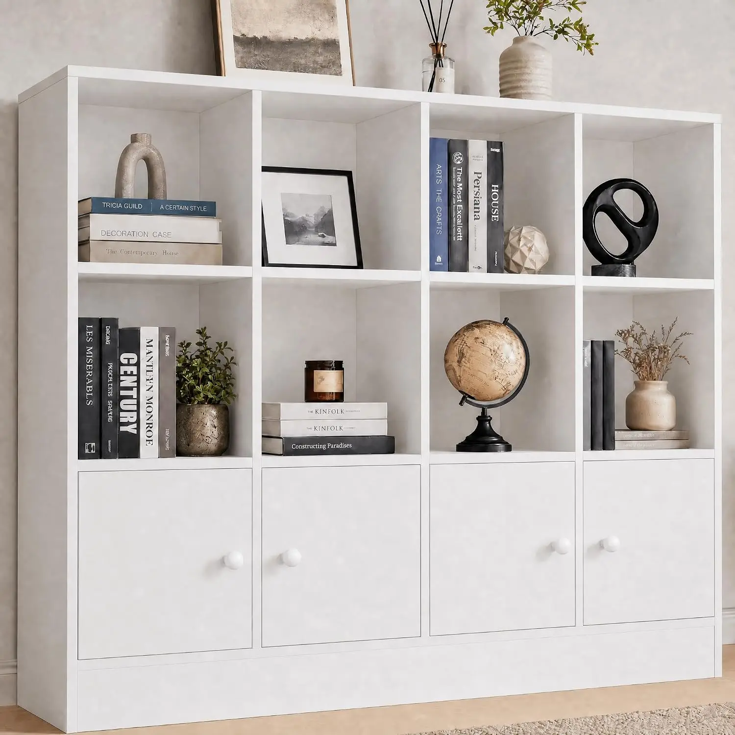 White Wood Bookcase 12 Cube Display Shelf 4 Doors 3 Tier Adjustable Shelves Living Room Home Office Entryway, Customized