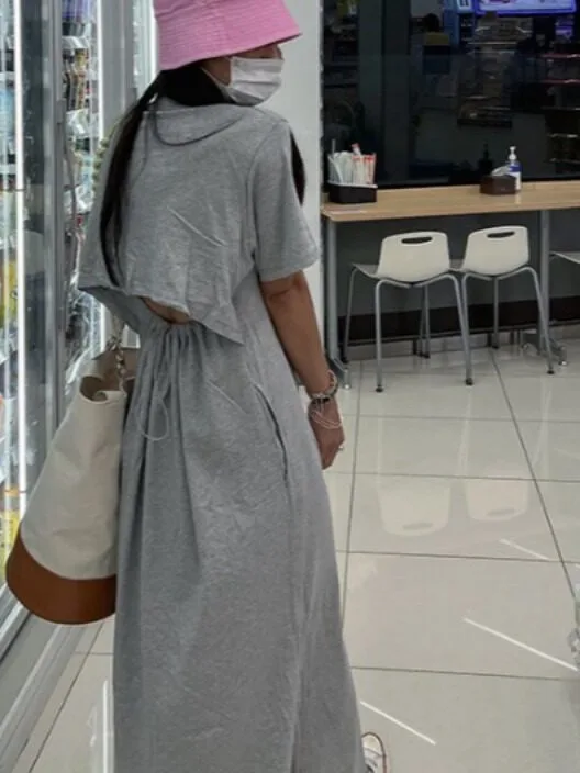 Women's Hollow out Backless T-Shirt Dress round Neck Loose Drawstring Waist Slimming Side Slit Straight Long Skirt Trendy