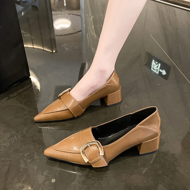 Retro Two Wear Leather Shoes New Spring Pumps Shallow Mouth Mary Jane Casual Shoes Thick Middle Heel Pointed Toe Women Shoes