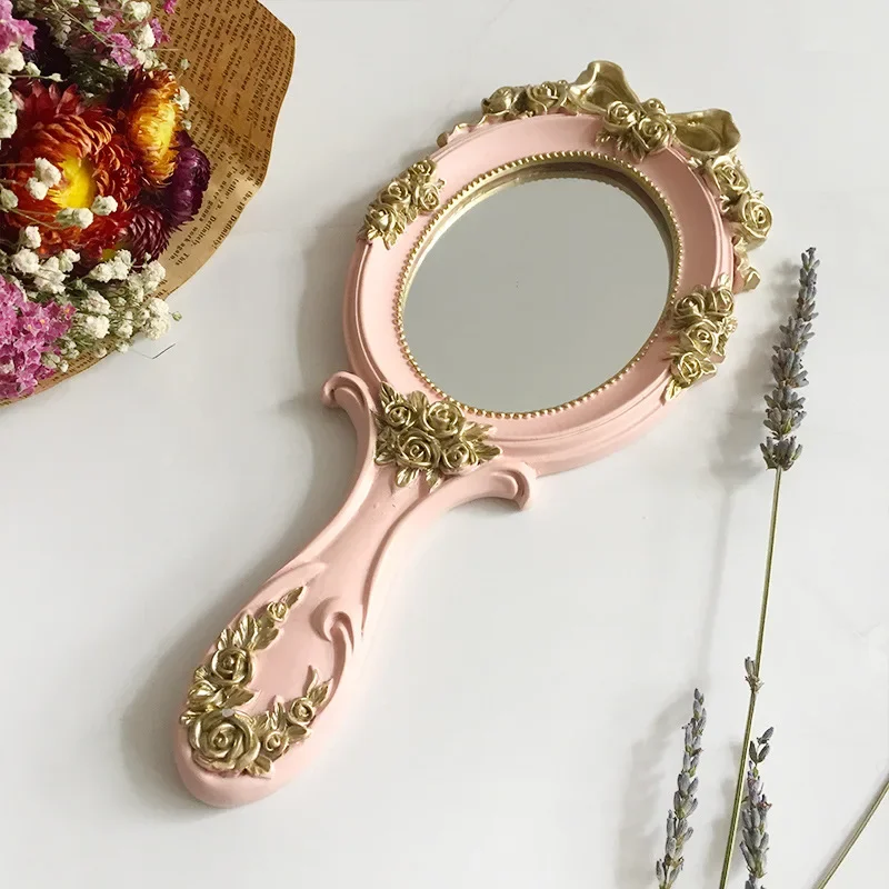 1Pc Rectangle Hand Hold Cosmetic Mirror With Handle Makeup Mirror Cute Creative Wooden Vintage Hand Mirrors Makeup Vanity Mirror