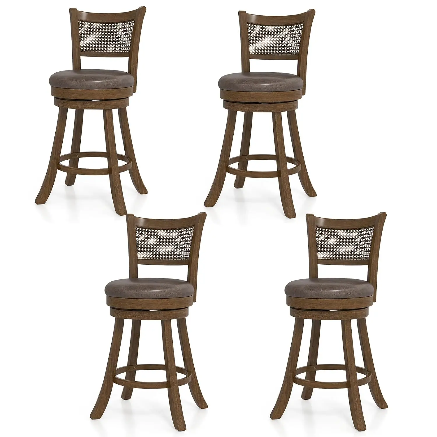 Swivel Barstools 4-Pack, Wood with Rattan Backrest & Footrest, Upholstered Armless Chairs 25