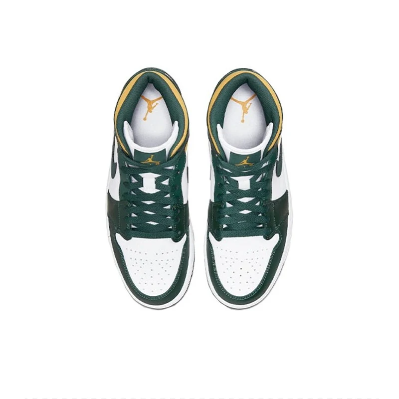 Original Air Jordan 1 Mid Seattle Supersonics High Top Retro Basketball Shoes Men\'s White Green Yellow Sneakers 554724-371