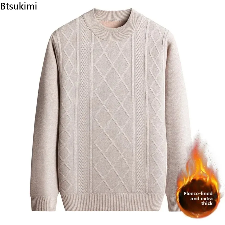 2026 Men's Warm Fleece Thicken Long Sleeve Sweater Tops Fashion Business Casual Versatile Loose Bottoming Knit Pullover Tops Men