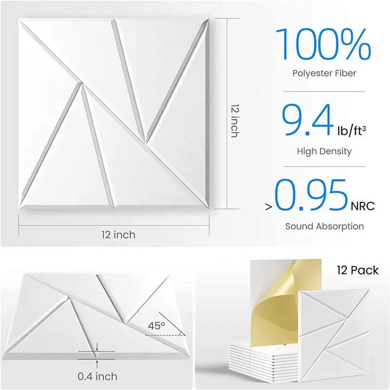 

BHBL 16PCS Self-Adhesive Acoustic Panels,Square Sound Proof Foam Panels,12x12x0.4In High Density Soundproof Wall Panels,White