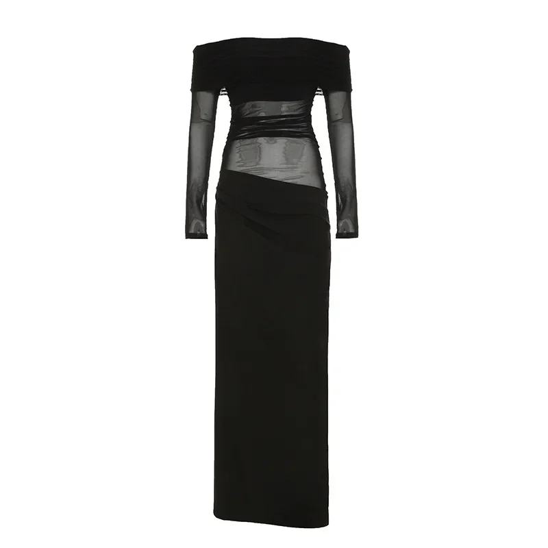 

Elegant Mesh Patchwork Long Sleeve Bodycon Party Club Evening Dress Sexy Double Layer Perspective Vestido Y2k Summer Maxi Dress