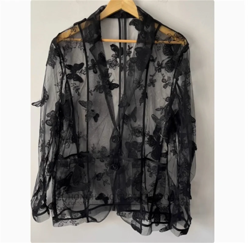 Butterfly embroidery black see-through mesh men's wear layering original designer casual jacket suit